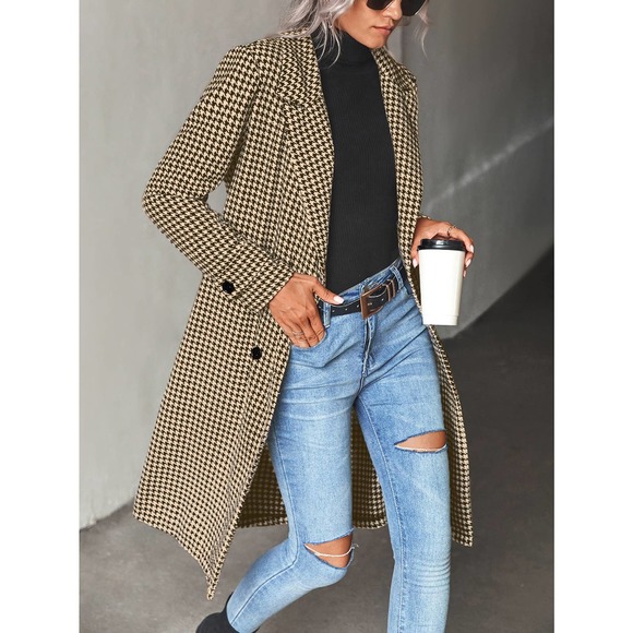 Houndstooth Lapel Collar Double Breasted Overcoat pea coat - Picture 8 of 8